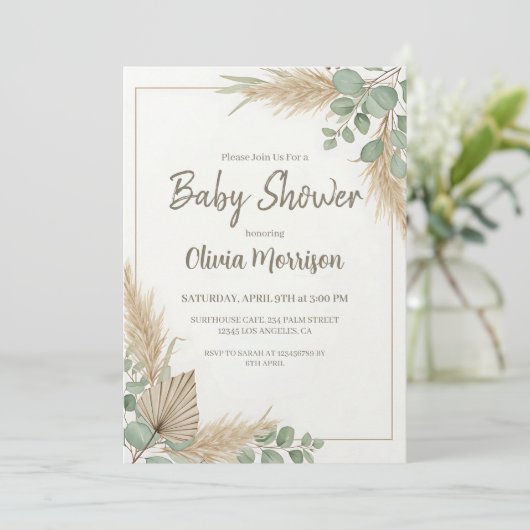 Invitation Boho Pampas Baby shower en herbe (Debout devant)