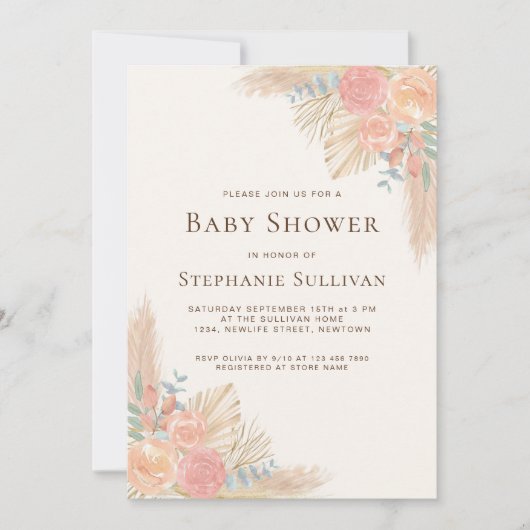 Invitation Boho Pampas Baby shower Floral Grass (Devant)