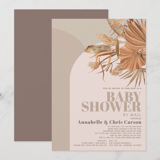 Invitation Boho Pampas Baby shower rose herbe par courrier (Devant / Derrière)