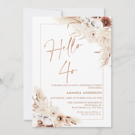 Invitation Boho Pampas Cadre en herbe Bonjour 40e anniversair (Devant)