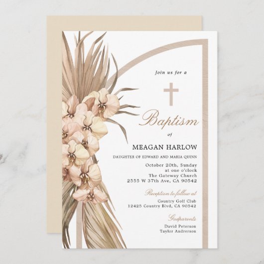 Invitation Boho Pampas Célébration du baptême bohémien (Devant / Derrière)