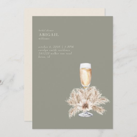 Invitation Boho Pampas Champagne Sage/Fête des mariées de crè (Devant / Derrière)