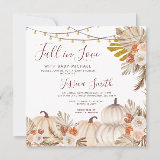 Invitation Boho Pampas Citrouille en herbe chute en Baby show (Devant)