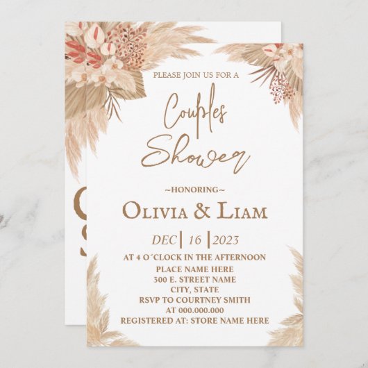 Invitation Boho Pampas Couples en laiton douche (Devant / Derrière)