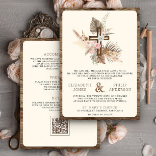 Invitation Boho Pampas Croix de bois tout en un Mariage catho