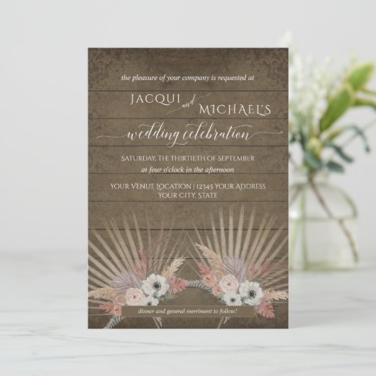 Invitation BOHO Pampas de bois rustique Grass Flore de palmie (Debout devant)