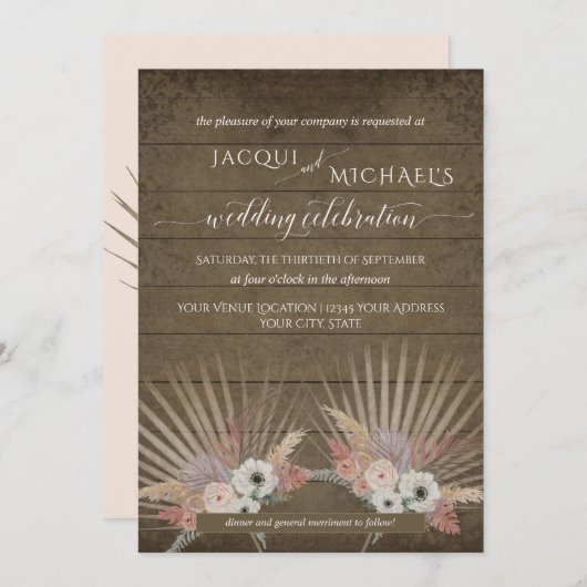 Invitation BOHO Pampas de bois rustique Grass Flore de palmie (Devant / Derrière)