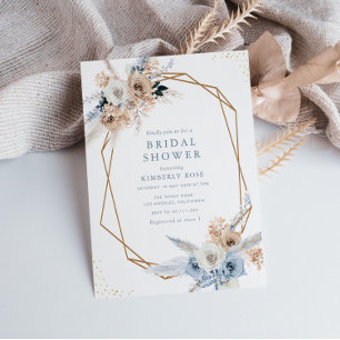 Invitation boho pampas duvet bleu floral douche nuptiale