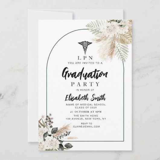 Invitation boho pampas et verdure fête de graduation en soins (Devant)