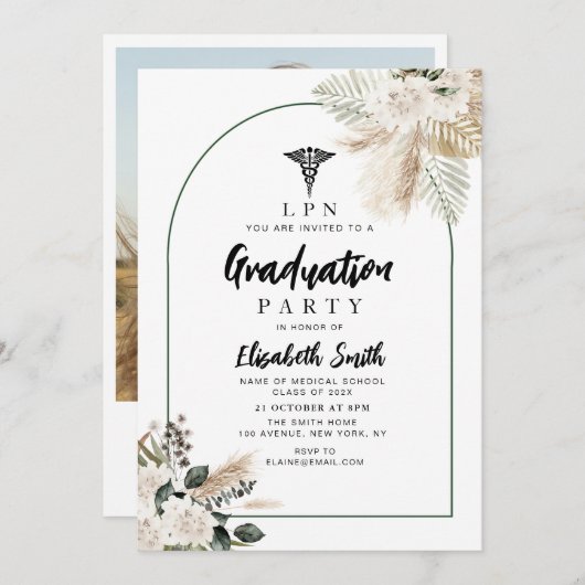 Invitation boho pampas et verdure fête de graduation en soins (Devant / Derrière)