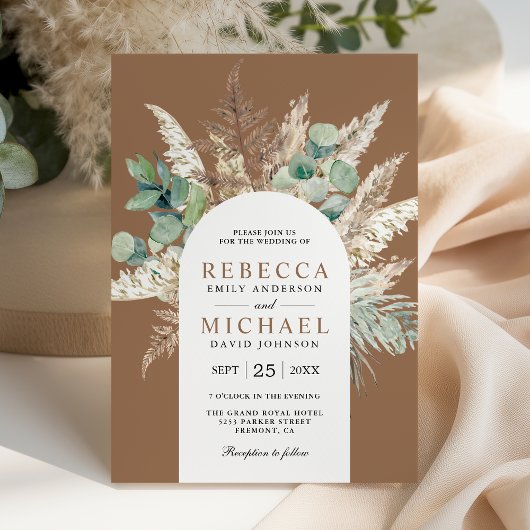 Invitation Boho Pampas Eucalyptus Arch Beige Tan Wedding