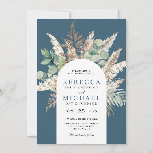 Invitation Boho Pampas Eucalyptus Arch Dusty Blue Wedding (Devant)