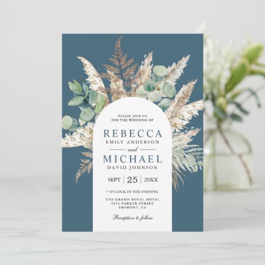 Invitation Boho Pampas Eucalyptus Arch Dusty Blue Wedding (Debout devant)