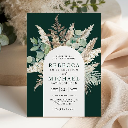 Invitation Boho Pampas Eucalyptus Arch Emerald Green Wedding