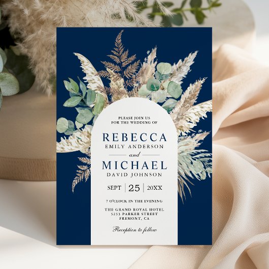 Invitation Boho Pampas Eucalyptus Arch Navy Blue Wedding