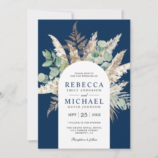 Invitation Boho Pampas Eucalyptus Arch Navy Blue Wedding (Devant)