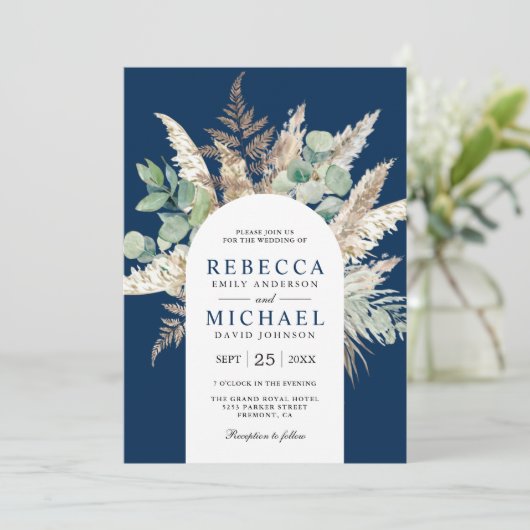Invitation Boho Pampas Eucalyptus Arch Navy Blue Wedding (Debout devant)