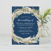 Invitation Boho Pampas Eucalyptus Wreath Navy Blue Wedding (Debout devant)