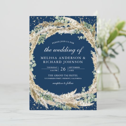 Invitation Boho Pampas Eucalyptus Wreath Navy Blue Wedding (Debout devant)
