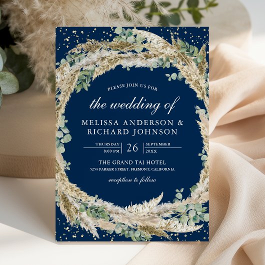 Invitation Boho Pampas Eucalyptus Wreath Navy Blue Wedding