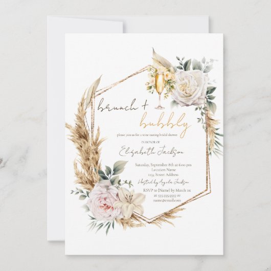 Invitation Boho Pampas Fleurs Brunch & Bubbly Fête des mariée (Devant)