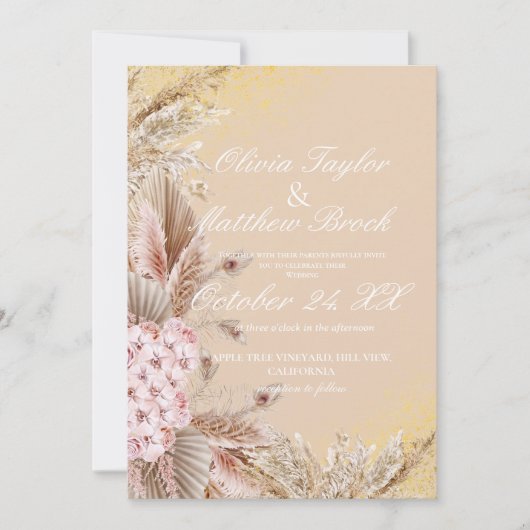 Invitation Boho Pampas Fleurs de laiton Dusty Mariage doré (Devant)