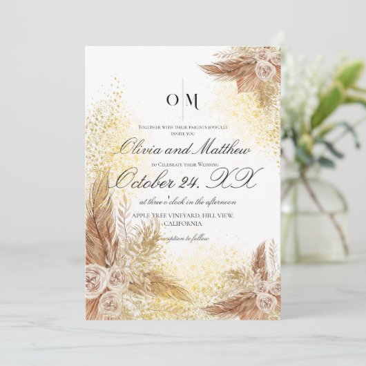 Invitation Boho Pampas Fleurs Grass Mariage de script (Debout devant)