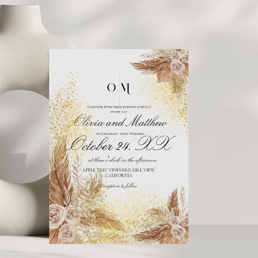 Invitation Boho Pampas Fleurs Grass Mariage de script