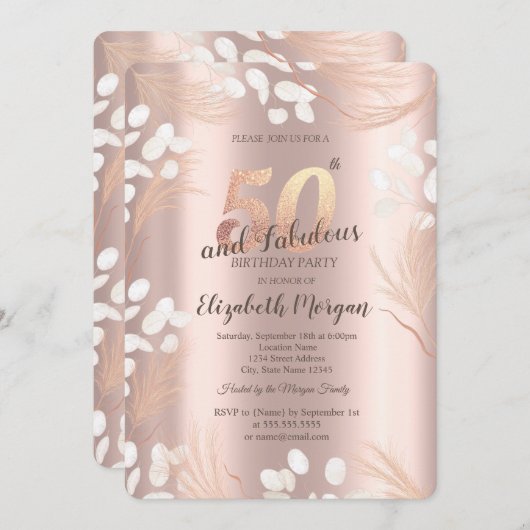 Invitation Boho Pampas Fleurs Rose Gold 50e anniversaire (Devant / Derrière)