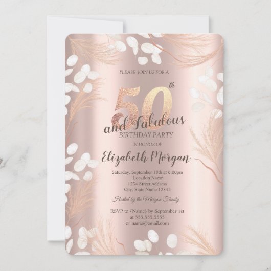 Invitation Boho Pampas Fleurs Rose Gold 50e anniversaire (Devant)