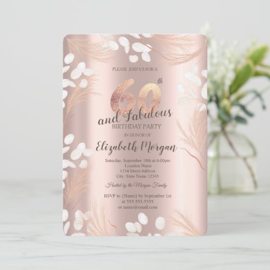 Invitation Boho Pampas Fleurs Rose Or 60e anniversaire (Debout devant)