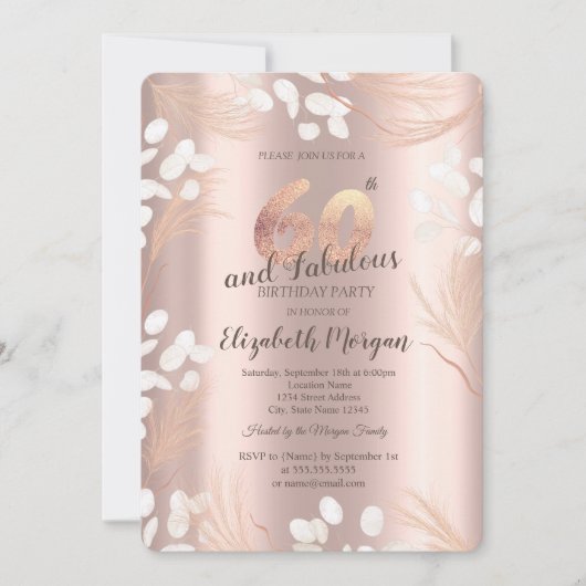 Invitation Boho Pampas Fleurs Rose Or 60e anniversaire (Devant)