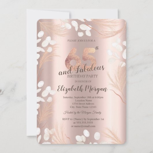 Invitation Boho Pampas Fleurs Rose Or 65e anniversaire (Devant)
