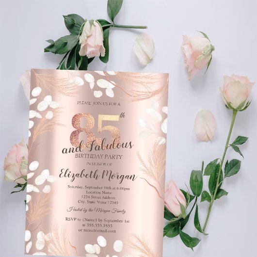 Invitation Boho Pampas Fleurs Rose Or 85e anniversaire