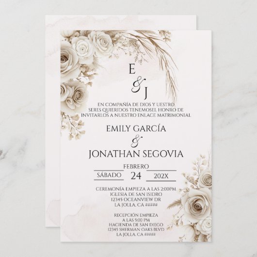 Invitation Boho pampas floral Spanish wedding  (Devant / Derrière)