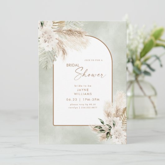 Invitation Boho Pampas Gold Sage Bride (Debout devant)