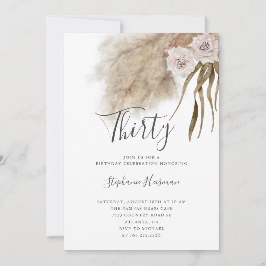 Invitation Boho Pampas Grass Adulte 30e Anniversaire (Devant)