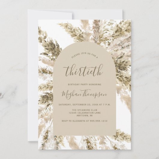 Invitation Boho Pampas Grass Arch 30e fête d'anniversaire (Devant)