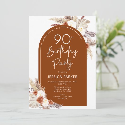 Invitation Boho Pampas Grass Arch Terracotta 90e anniversaire (Debout devant)