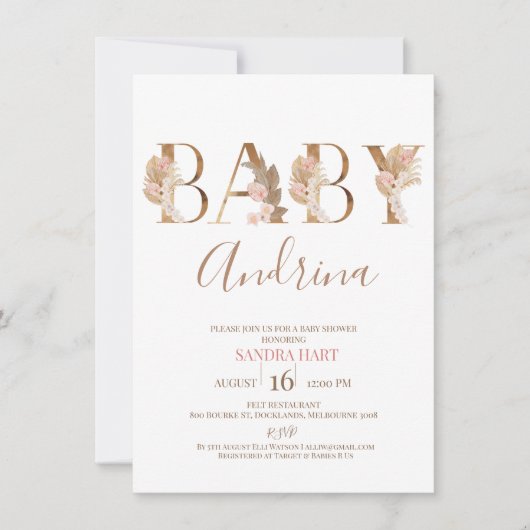 Invitation Boho Pampas Grass Baby Girl Nom Baby shower (Devant)