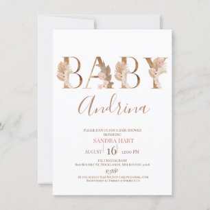 Invitation Boho Pampas Grass Baby Girl Nom Baby shower