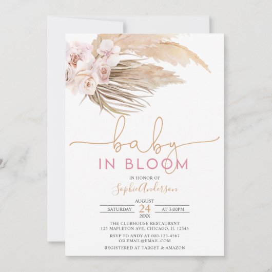 Invitation Boho Pampas Grass Baby In Bloom Baby shower Invita (Devant)
