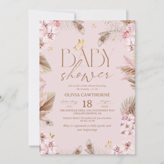 Invitation  Boho Pampas Grass Baby Shower (Devant)