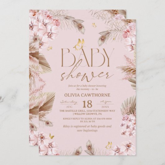Invitation  Boho Pampas Grass Baby Shower (Devant / Derrière)