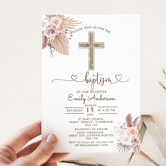 Invitation Boho Pampas Grass Baptême Christening