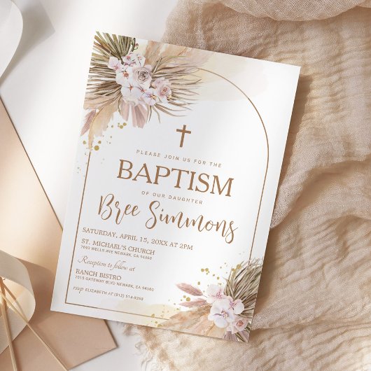 Invitation Boho Pampas Grass Baptême Christening