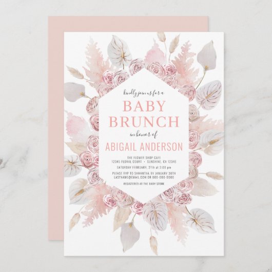 Invitation Boho Pampas Grass Bébé Brunch Élégant rose pâle (Devant / Derrière)