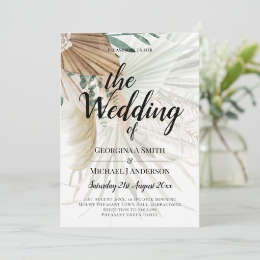 Invitation BOHO Pampas Grass Beige Vert Mariage en terre cuit (Debout devant)
