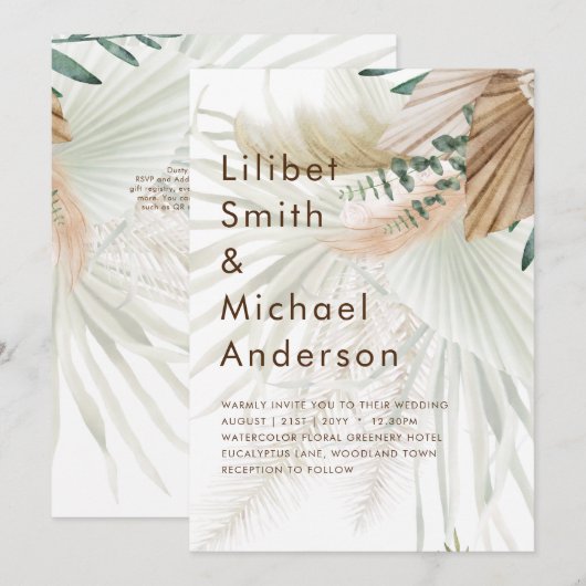 Invitation BOHO Pampas Grass Beige Vert Mariage en terre cuit (Devant / Derrière)