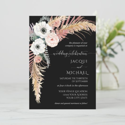 Invitation Boho Pampas Grass Blanc Blush Floral Palm Folim Fo (Debout devant)